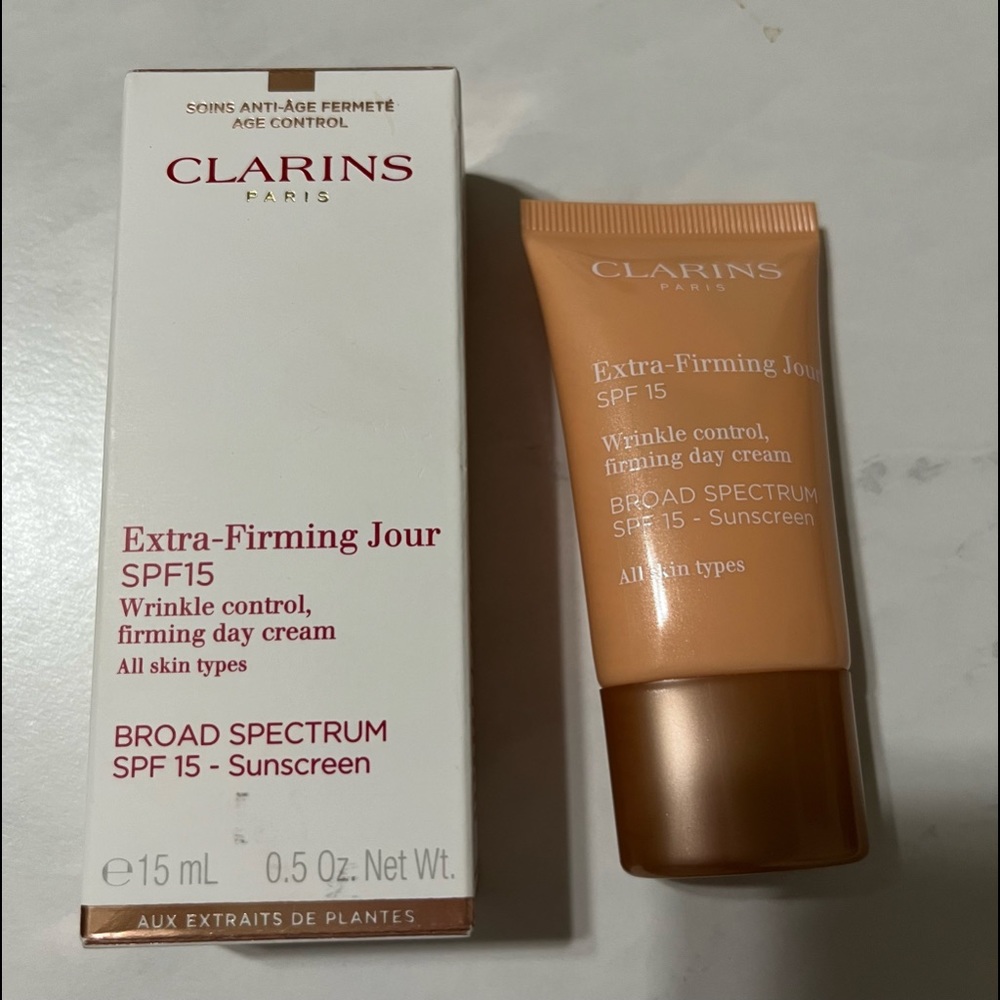 Clarins Paris extra-firming SPF15 wrinkle control, firming day cream.